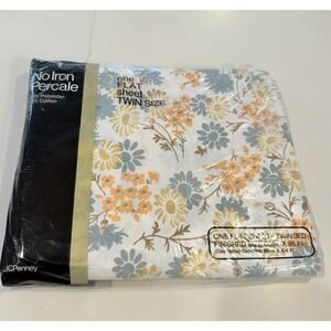 Vintage NEW JC Penney Percale Sheet Twin Size Flat Floral Blue Tan Floral NEW